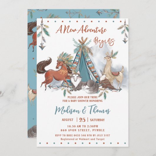部族の森林動物テペボーイ赤ちゃんシャワー 招待状 (正面/裏面)