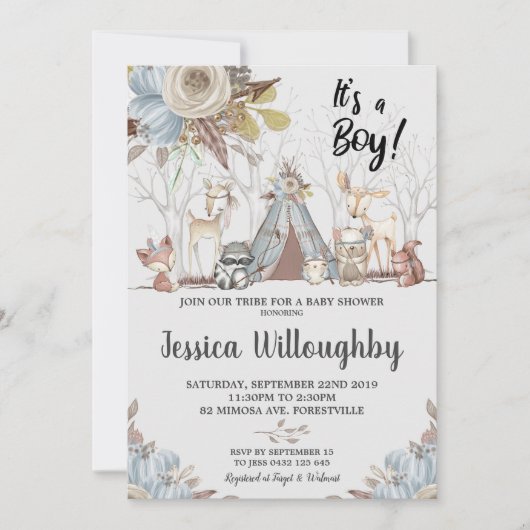 部族の森林動物ベビーシャワー男の赤ちゃん 招待状 (正面)