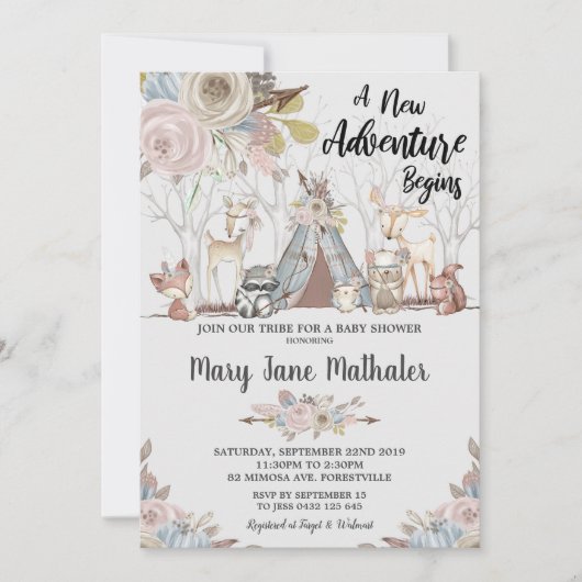 部族の森林動物赤ちゃんシャワーベビーガール 招待状 (正面)