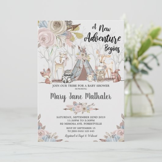 部族の森林動物赤ちゃんシャワーベビーガール 招待状 (スタンド正面)