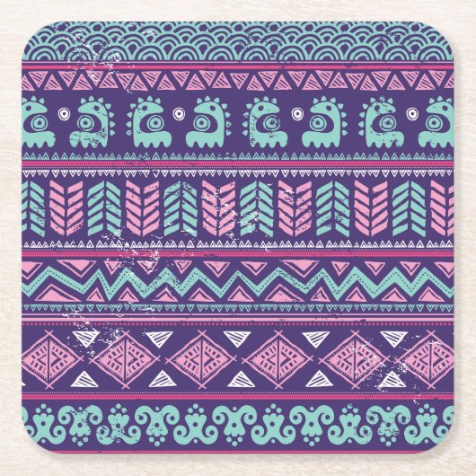 部族の民族：シームレカラフルームパターン。 スクエアペーパーコースター (正面)