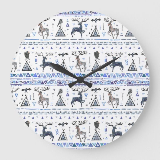 部族の民族、動物の夢のキャッチャー、シームレス。 ラージ壁時計 (正面)