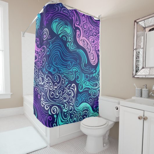 部族の渦巻きターコイズ紫の海波 シャワーカーテン (インサイチュ)