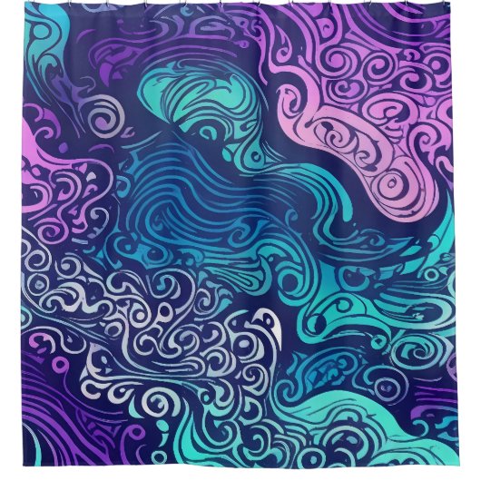 部族の渦巻きターコイズ紫の海波 シャワーカーテン (正面)