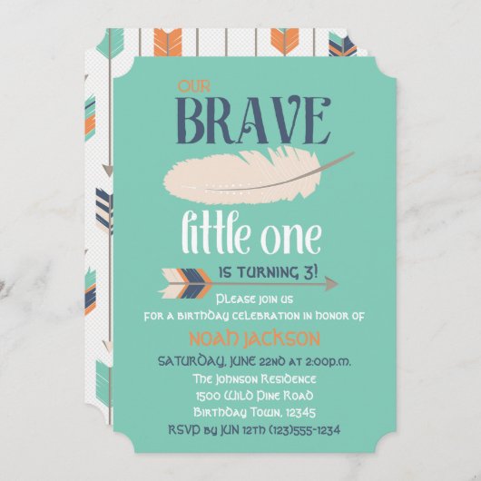 部族の矢と羽の誕生日パーティー青緑 招待状 (正面/裏面)