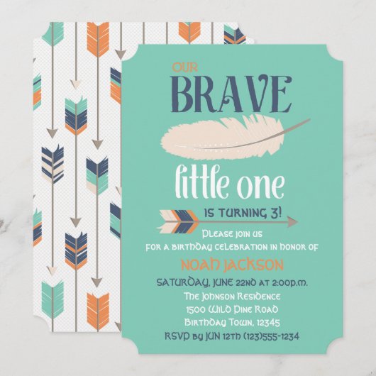 部族の矢と羽の誕生日パーティー 青緑 招待状 (正面/裏面)