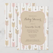 部族の矢のベビーシャワー ブラッシュピンクとタン 招待状 (正面/裏面)