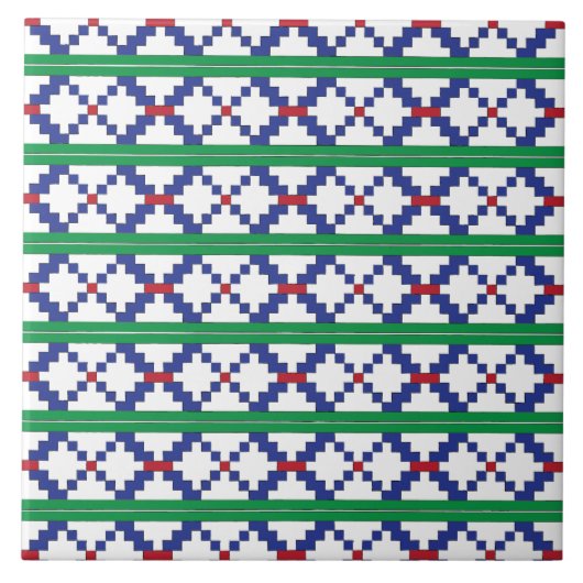 部族の緑、青、赤の民族フォークのアートパターン タイル (正面)