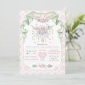部族の花柄の雄牛の角と矢 ピンク ミント 女性らしい 招待状 (スタンド正面)