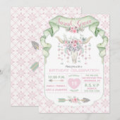 部族の花柄の雄牛の角と矢 ピンク ミント 女性らしい 招待状 (正面/裏面)