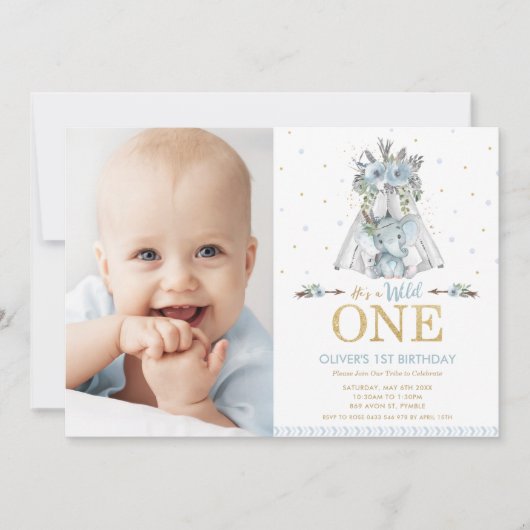 部族の象の少年が1歳の誕生日の写真を1枚 招待状 (正面)