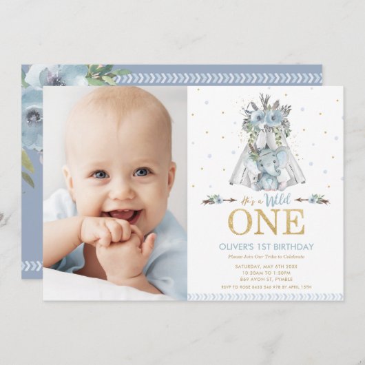 部族の象の少年が1歳の誕生日の写真を1枚 招待状 (正面/裏面)