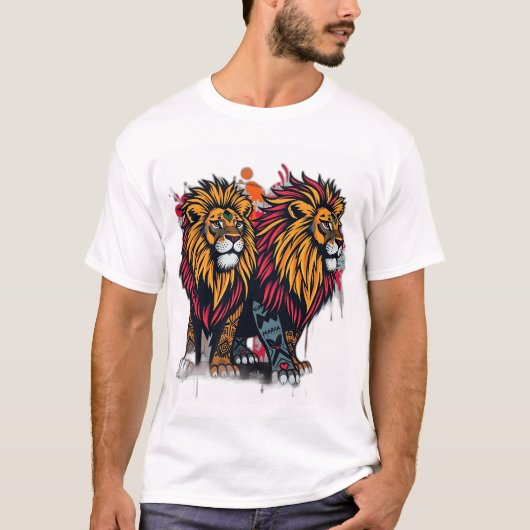 部族はっきりした模様の落書きライオン Tシャツ (正面)