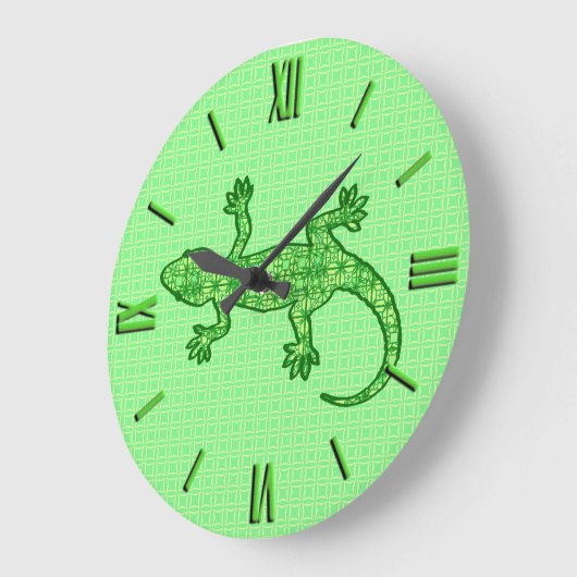 部族ろうけつ染めゲッコ-ライムとエメラルドグリーン ラージ壁時計 (傾斜)