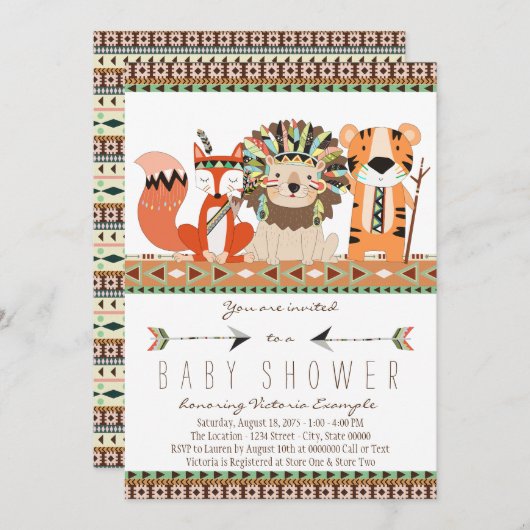 部族アステカキツネライオンタイガーベビーシャワー 招待状 (正面/裏面)