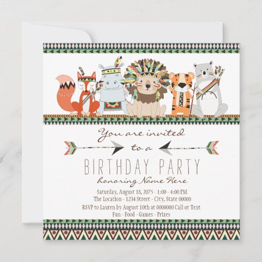 部族アニマルキッズインディアン誕生日パーティー 招待状 (正面)