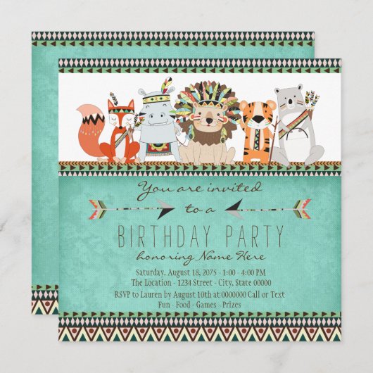 部族アニマルキッズ先住民アメリカンバースデーパーティー 招待状 (正面/裏面)