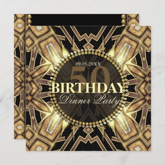 部族アールデコ金ゴールドグロー50番目の誕生日招待状 招待状 (正面/裏面)
