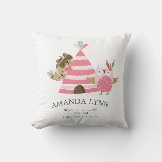 部族ウッドランド動物ベビー誕生統計ピロー クッション (正面)