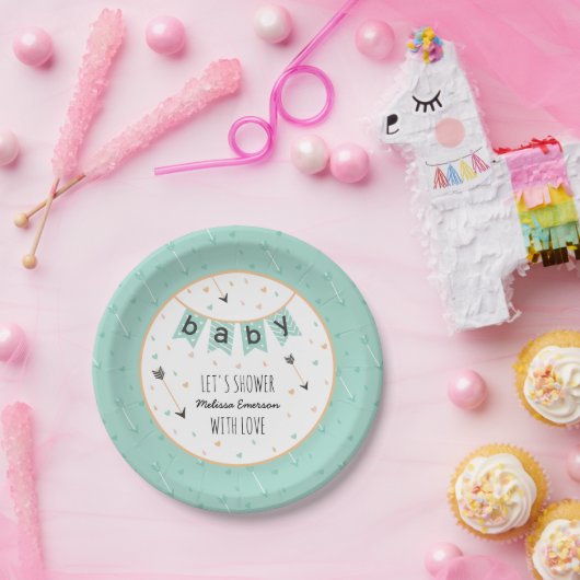 部族カスタムの赤ちゃんシャワープレート |ニュートラルミント ペーパープレート (パーティー)
