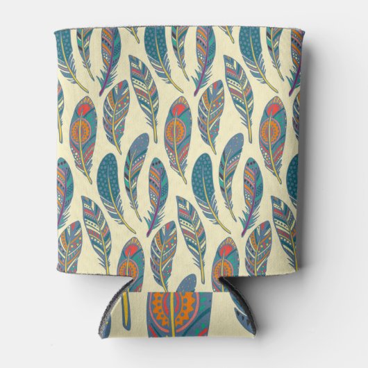 部族カラフルの羽、民族のシームレスなデザイン。 缶クーラー (正面)