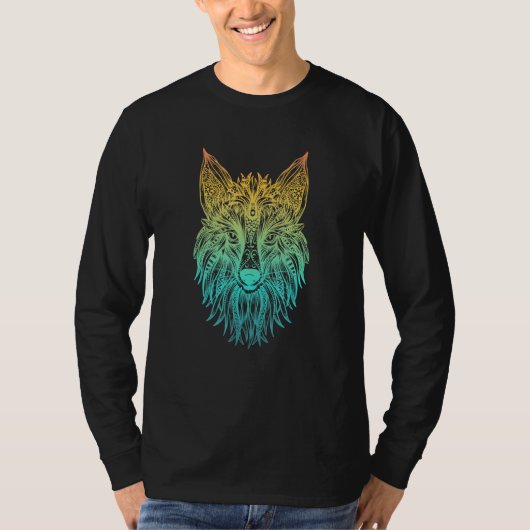 部族カラフルキツネヘッド Tシャツ (正面)