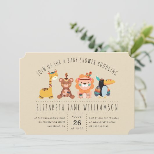 部族サファリの動物 | 男の子の赤ちゃんシャワーパーティー 招待状 (スタンド正面)