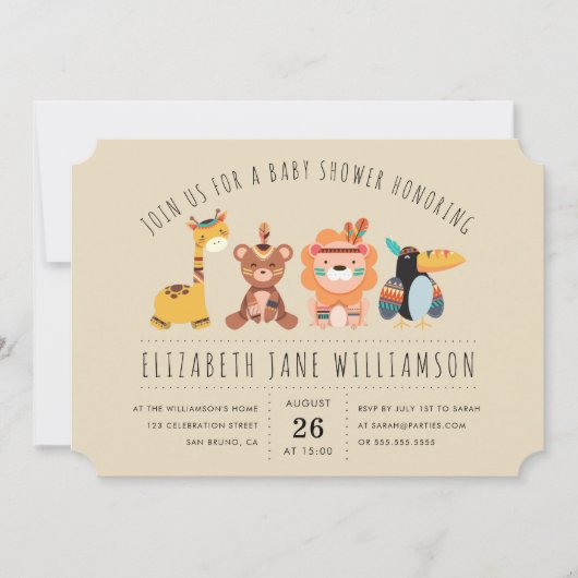 部族サファリの動物 | 男の子の赤ちゃんシャワーパーティー 招待状 (正面)