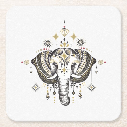 部族ゾウ頭イラストレーション スクエアペーパーコースター (正面)
