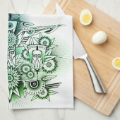 部族デザイン緑の濃淡 キッチンタオル (四つ折り)