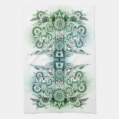 部族デザイン緑の濃淡 キッチンタオル (縦)