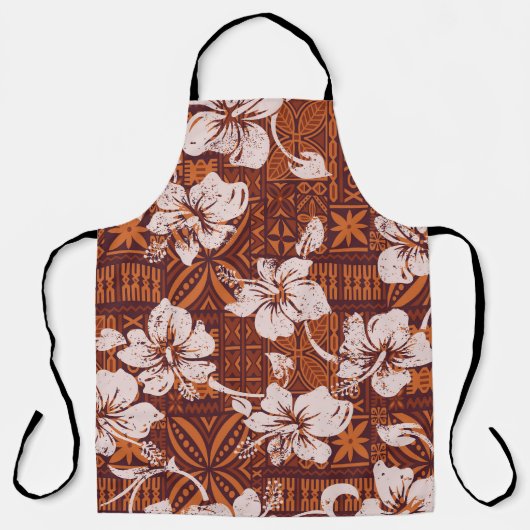 部族ハワイアン：ハイビスカスフラワー壁紙 エプロン (正面)