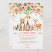 部族ピンクのフローラ森林動物の赤ちゃんシャワー サンキューカード (正面/裏面)