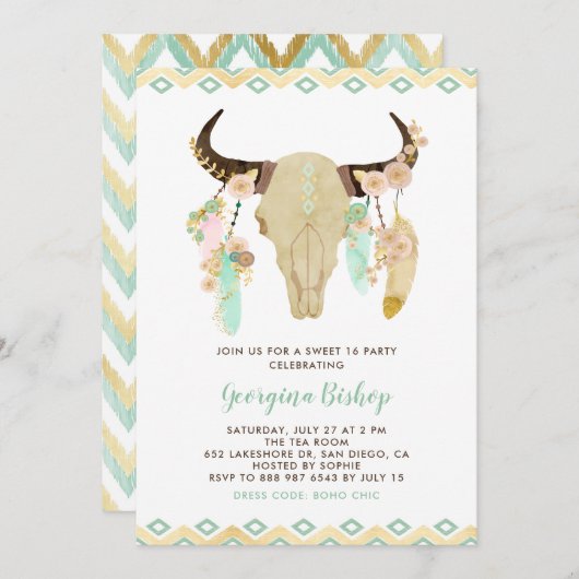 部族フローラスカルと羽Sweet sixteen 招待状 (正面/裏面)