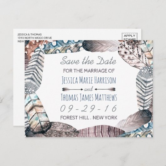 部族モダンの羽ボヘミアン日付を保存 案内ポストカード (正面/裏面)