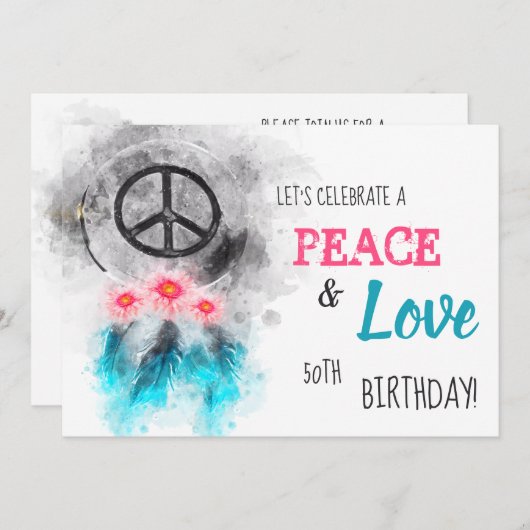 *～部族平和と愛ヒッピー誕生日素朴 招待状 (正面/裏面)