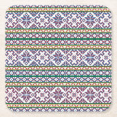 部族数々の色の古代シンボルフォークアートデザイン スクエアペーパーコースター (正面)