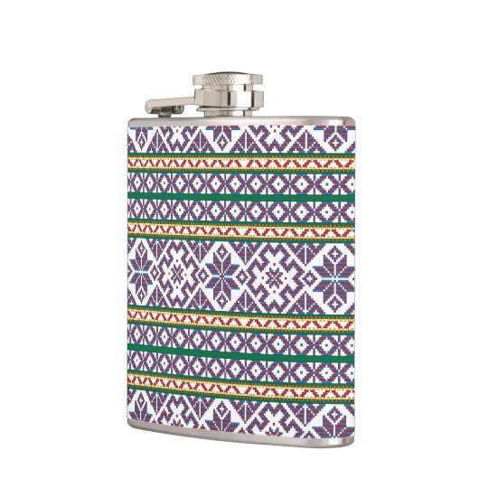 部族数々の色の古代シンボルフォークアートデザイン フラスク (左)
