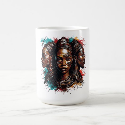 部族芸術的顔の3人の女性の描写 コーヒーマグカップ (中央)