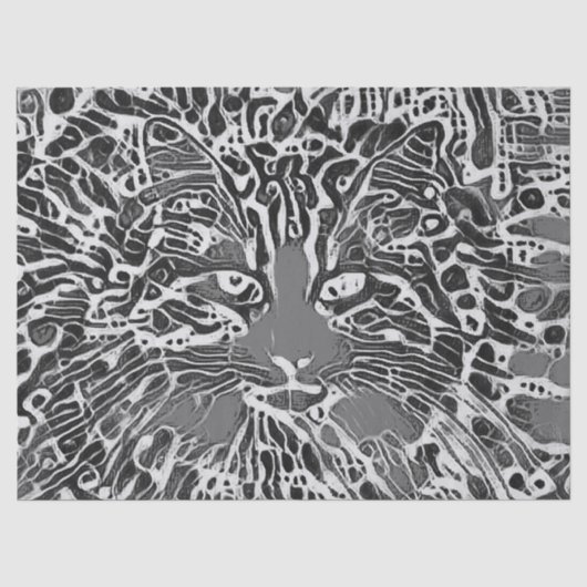 部族風ネイティブモザイク タビー猫 黒と白のアート 薄葉紙 (正面)