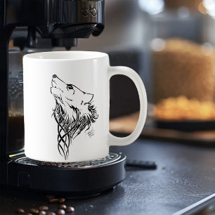 部族風ブラックウルフの雄叫びイラスト インク コーヒーマグカップ