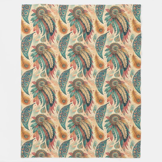 部族鮮やか族先住民の羽パステルグリーン フリースブランケット (正面)