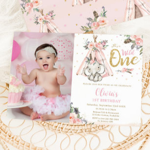 部族 ボホ エレファント ワイルド ワン 1歳 誕生日 写真 招待状