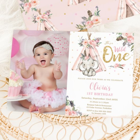 部族 ボホ エレファント ワイルド ワン 1歳 誕生日 写真 招待状