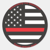 部署と名前の細い赤線フラグ ラウンドシール (正面)