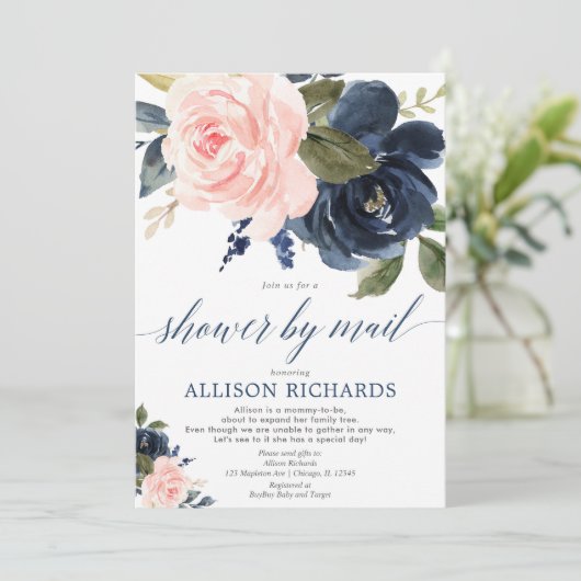 郵便でシャワーフローラピンクのネイビーブルーベビーシャワー 招待状 (スタンド正面)