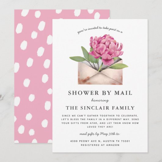 郵便で届くピンクの芍薬の花のシャワー 招待状 (正面/裏面)