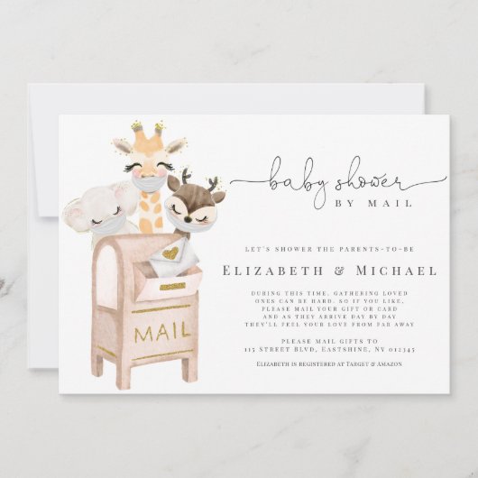 郵便で覆われた赤ちゃんの動物によるベビーシャワー金ゴールド 招待状 (正面)