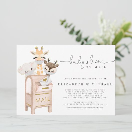 郵便で覆われた赤ちゃんの動物によるベビーシャワー金ゴールド 招待状 (スタンド正面)