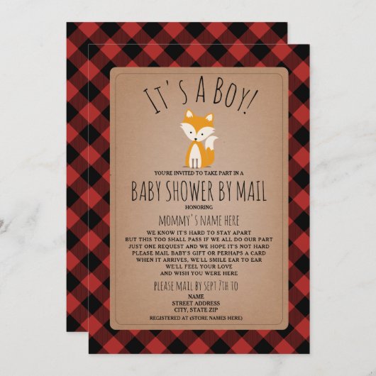 郵便によるベビーシャワー付きソーシャルディスタンシングキツネ 招待状 (正面/裏面)